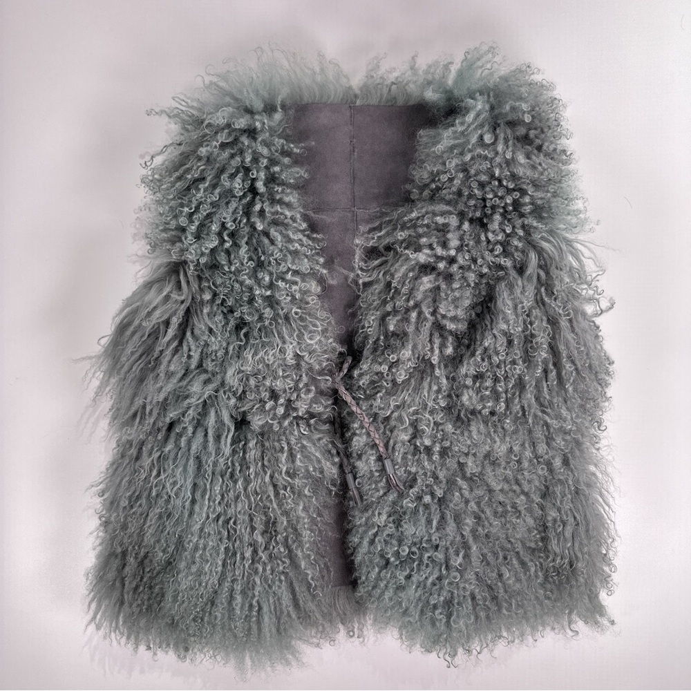 Curly Mongolian Lamb Fur Suede Tie Front Vest Blue Gray M - Picture 2 of 11